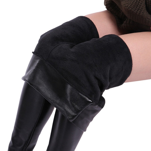 Winter Warm Leather Leggings Plus Size Women Clothing Plus Thick Velvet Pants Solid Black High Waist