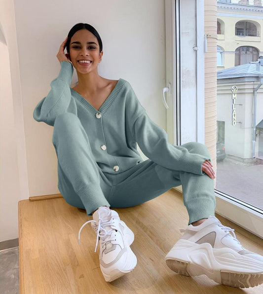 Women Knitted Tracksuit Sweater Casual Winter 2 Piece Set Knit Pants Sporting Suit