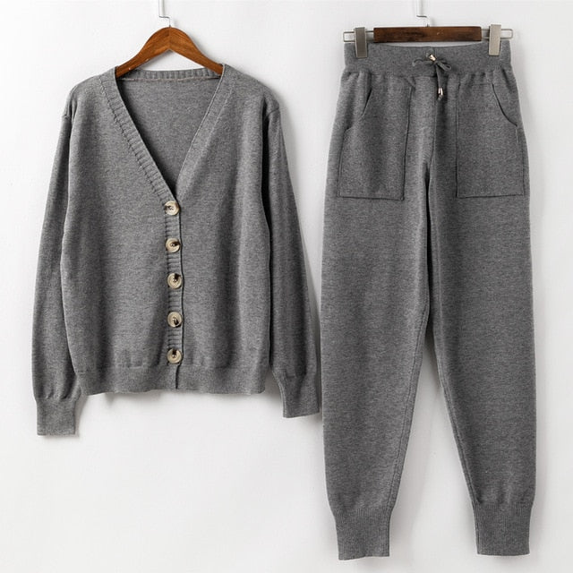 Women Knitted Tracksuit Sweater Casual Winter 2 Piece Set Knit Pants Sporting Suit