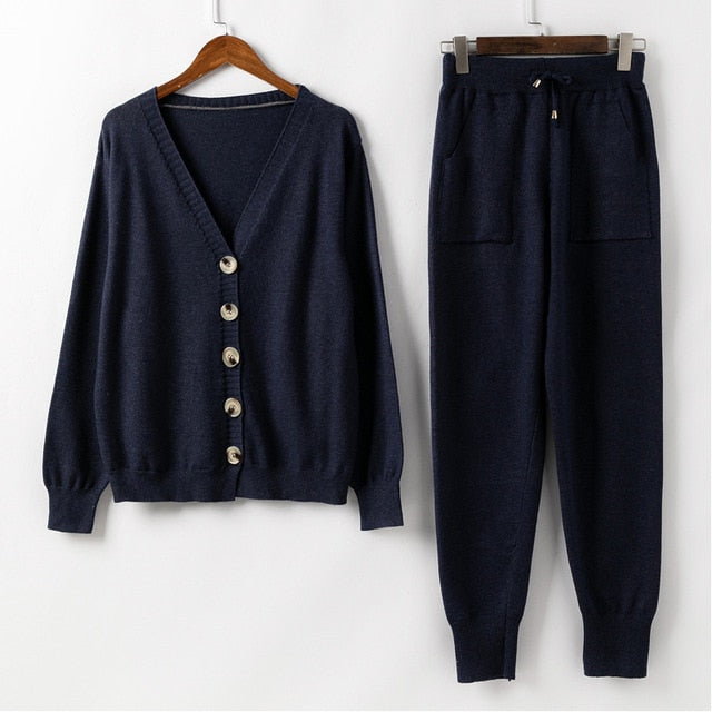 Women Knitted Tracksuit Sweater Casual Winter 2 Piece Set Knit Pants Sporting Suit