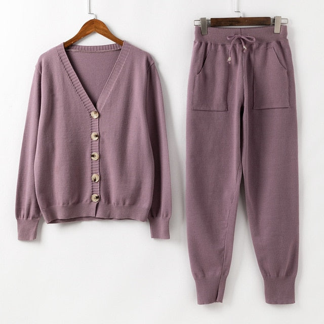 Women Knitted Tracksuit Sweater Casual Winter 2 Piece Set Knit Pants Sporting Suit