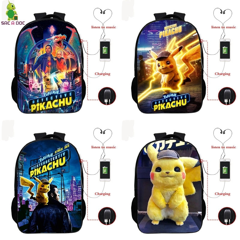 Pokemon Detective Pikachu USB Bagpack 16 Inch School Backpacks for Teens Boys Girls Backpack Pikachu BookBag Laptop Back Pack