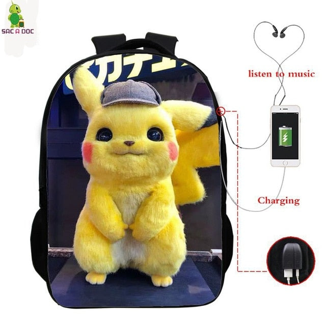 Pokemon Detective Pikachu USB Bagpack 16 Inch School Backpacks for Teens Boys Girls Backpack Pikachu BookBag Laptop Back Pack