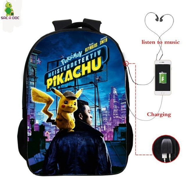 Pokemon Detective Pikachu USB Bagpack 16 Inch School Backpacks for Teens Boys Girls Backpack Pikachu BookBag Laptop Back Pack