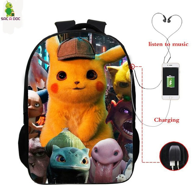 Pokemon Detective Pikachu USB Bagpack 16 Inch School Backpacks for Teens Boys Girls Backpack Pikachu BookBag Laptop Back Pack