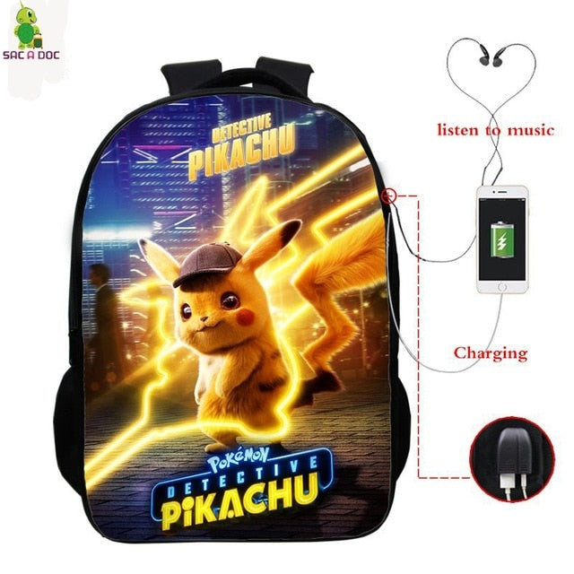 Pokemon Detective Pikachu USB Bagpack 16 Inch School Backpacks for Teens Boys Girls Backpack Pikachu BookBag Laptop Back Pack