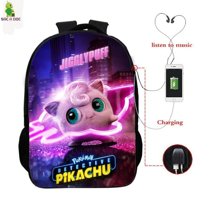 Pokemon Detective Pikachu USB Bagpack 16 Inch School Backpacks for Teens Boys Girls Backpack Pikachu BookBag Laptop Back Pack