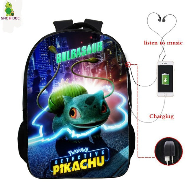 Pokemon Detective Pikachu USB Bagpack 16 Inch School Backpacks for Teens Boys Girls Backpack Pikachu BookBag Laptop Back Pack