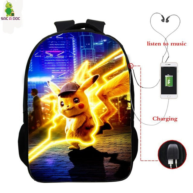 Pokemon Detective Pikachu USB Bagpack 16 Inch School Backpacks for Teens Boys Girls Backpack Pikachu BookBag Laptop Back Pack