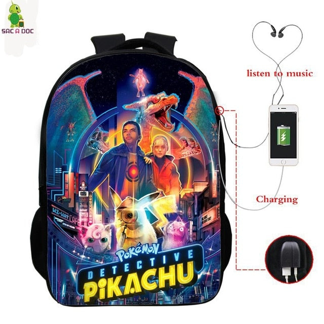 Pokemon Detective Pikachu USB Bagpack 16 Inch School Backpacks for Teens Boys Girls Backpack Pikachu BookBag Laptop Back Pack
