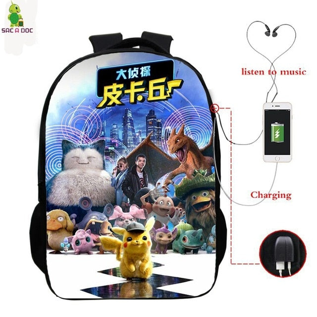 Pokemon Detective Pikachu USB Bagpack 16 Inch School Backpacks for Teens Boys Girls Backpack Pikachu BookBag Laptop Back Pack